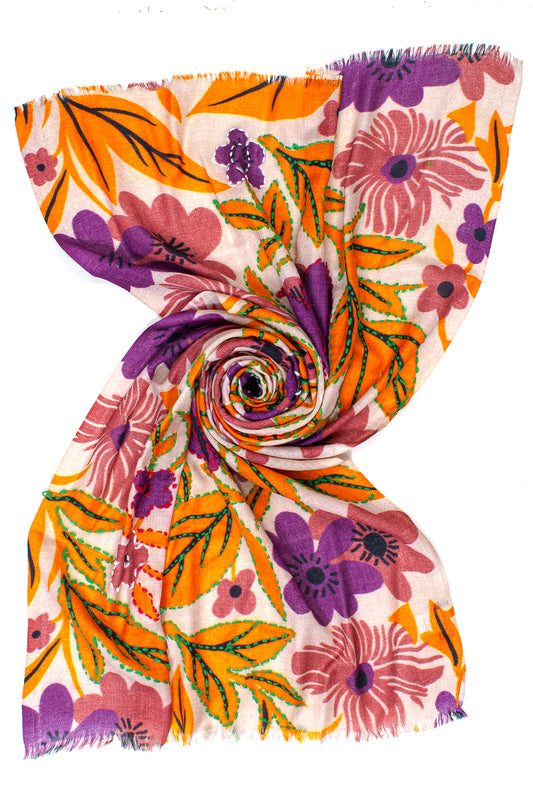 Sciarpa Lana Ricami Orange Flowers Ayfee