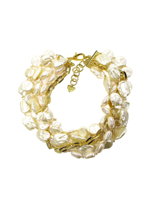 Girocollo multifili con resine perlate, vetri e catena color oro Madreperla Dolman