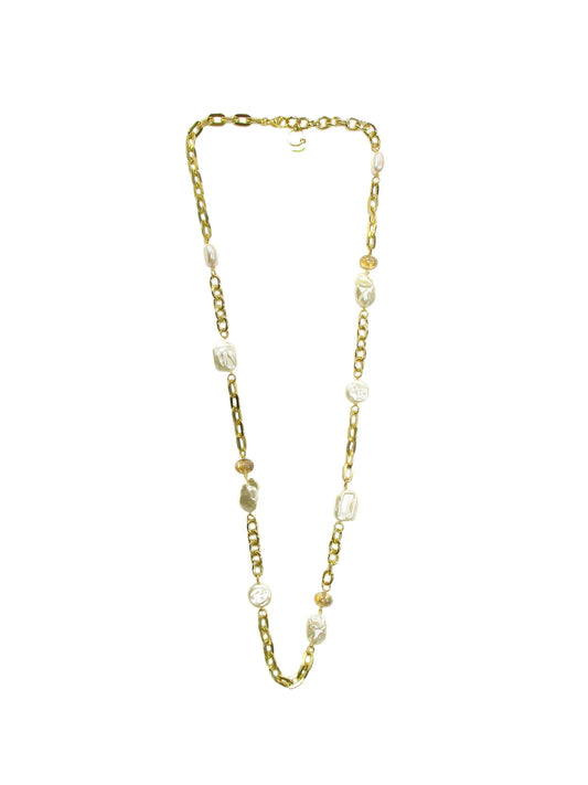 Collana con resine perlate, vetri e inserti di catena Madreperla Dolman